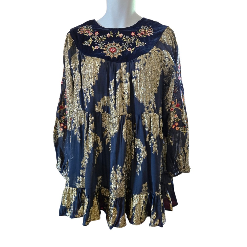 Zara Navy Gold Metallic Floral Embroidered Velvet Yoke Tiered Tunic Dress L
